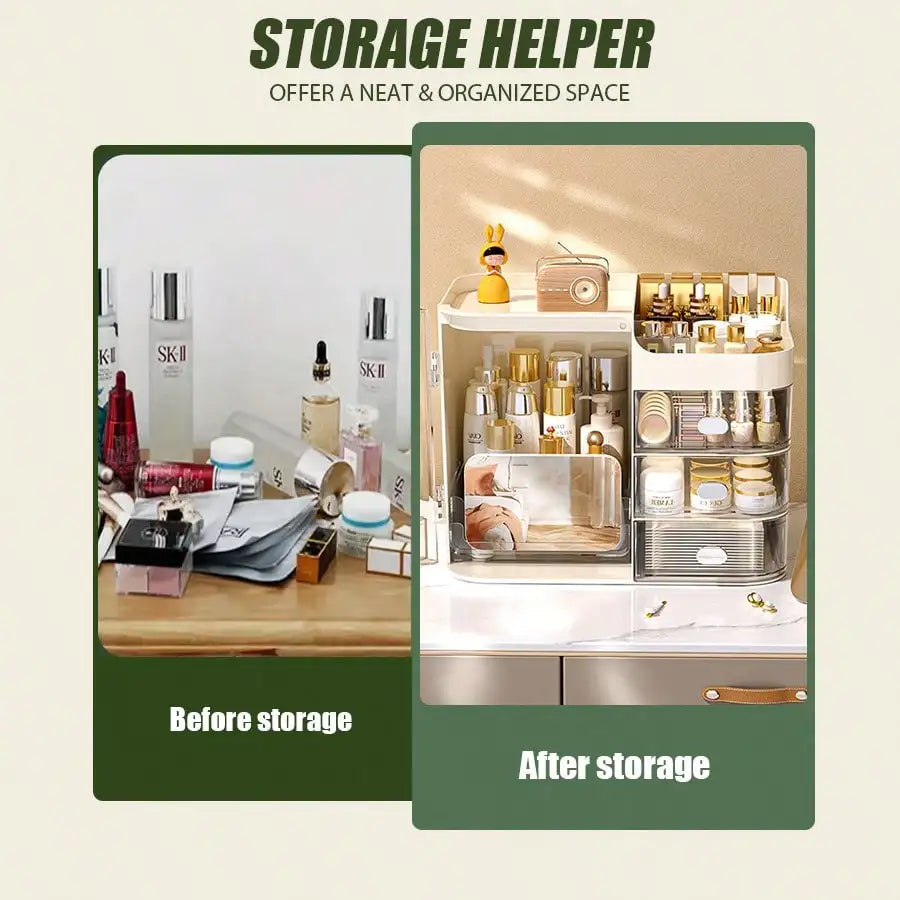 Makeup Organizer with Mirror & Drawers, Large Capacity Cosmetic Storage Box, Semi-Open Vanity Case for Skincare, Bathroom Dressing Table, Office Desk