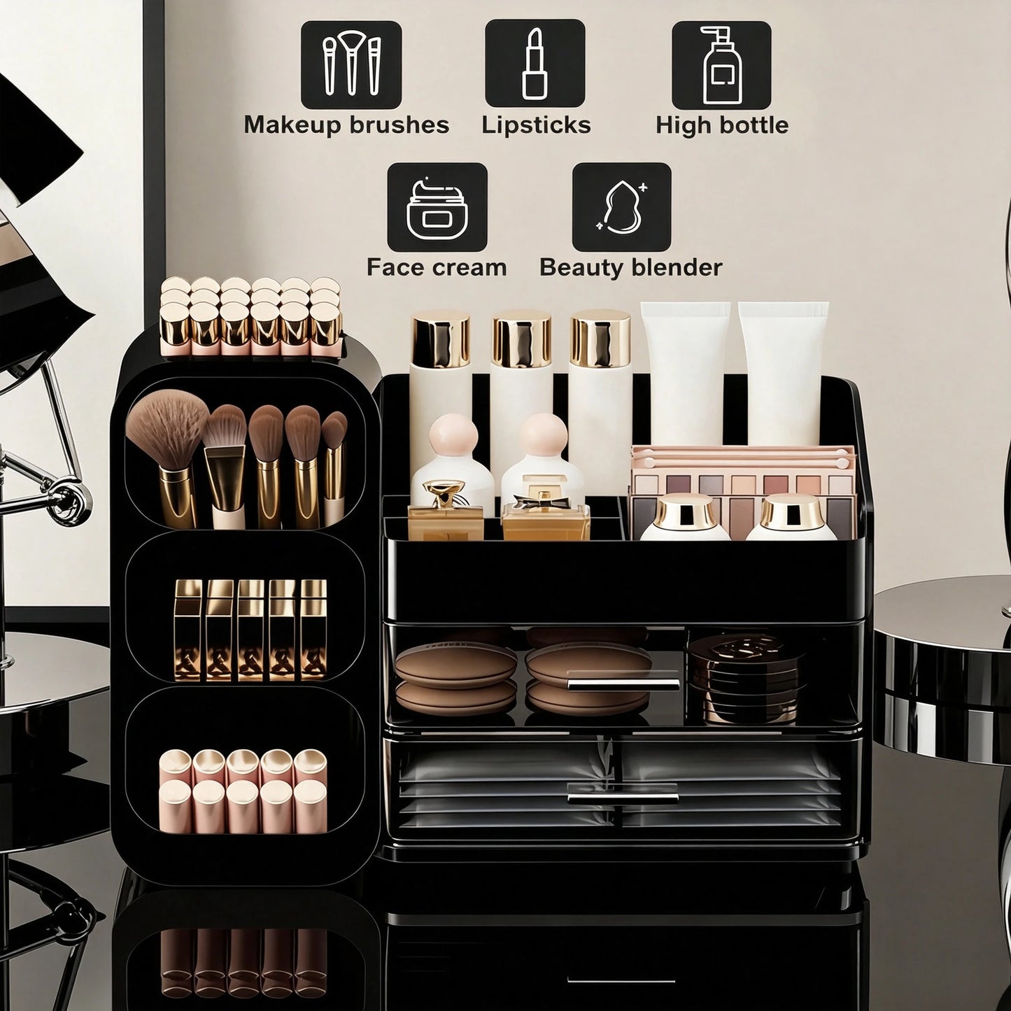 Makeup Organizer with Brush Holder & Drawers, Large Capacity Cosmetic Storage for Vanity Bathroom Countertop, Skincare Lipstick Display Stand