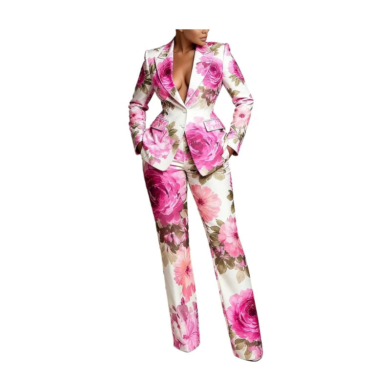 Women's Long Sleeve Printed Notched Lapel Blazer Pants Set