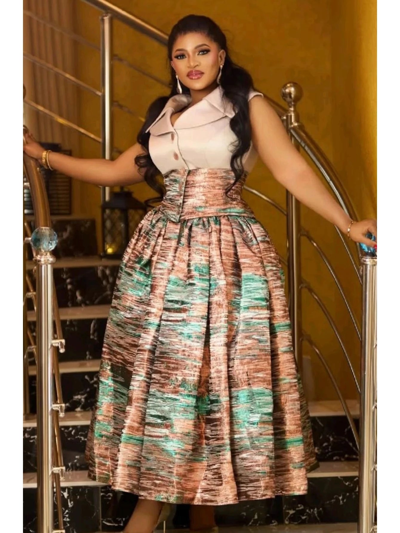 Women Sleeveless Lapel Top And Pleated Midi Skirt Set