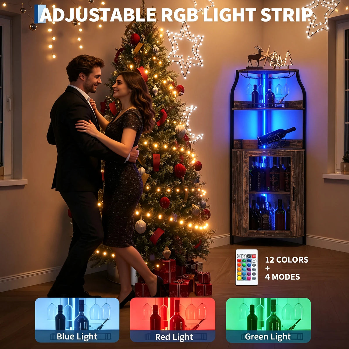 Corner Bar Cabinet With Power Outlet And LED Lights, 5 Tier Industrial Wine Rack, Glass Holder Liquor Storage Display For Small Spaces
