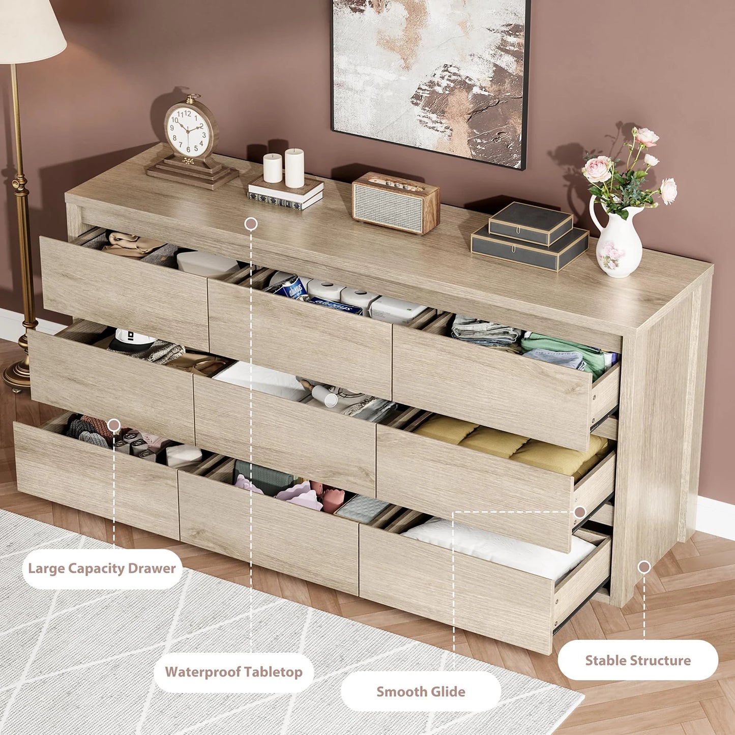9 Drawer Dresser For Bedroom, Modern Handleless Wood Chest Of Drawers, Large Storage Cabinet For Living Room, Hallway and Entryway