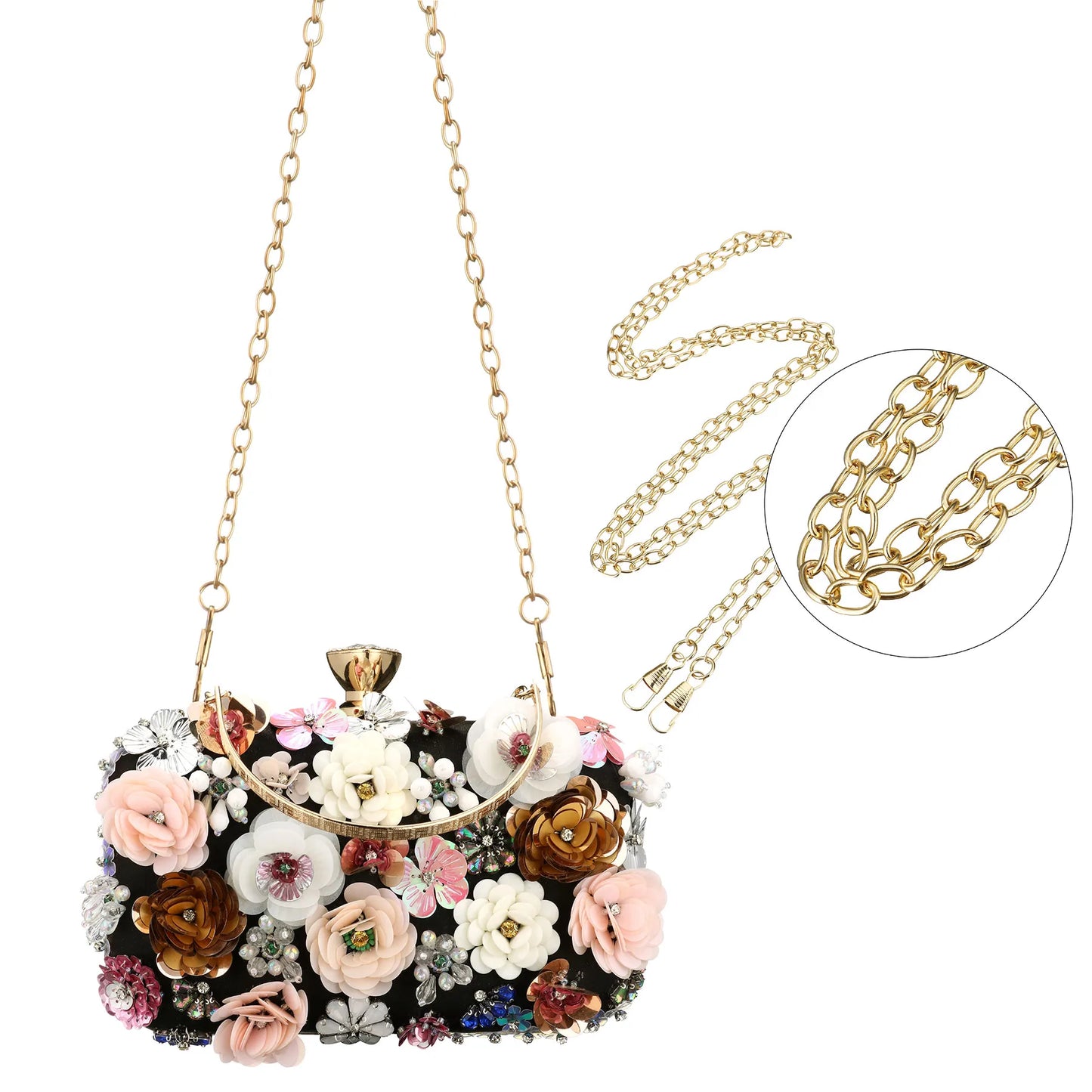 Luxury Women's Evening Clutch Bag With Flower Beading And Chain Handle