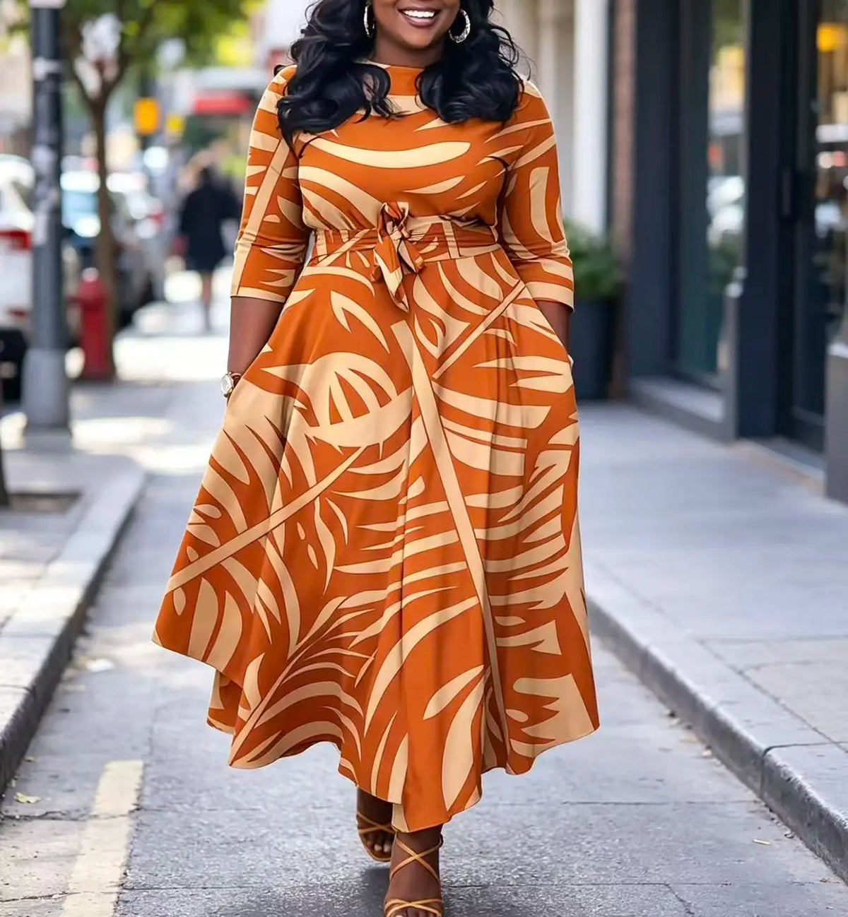 Women's Orange Palm Leaf Print Midi Dress With Pockets