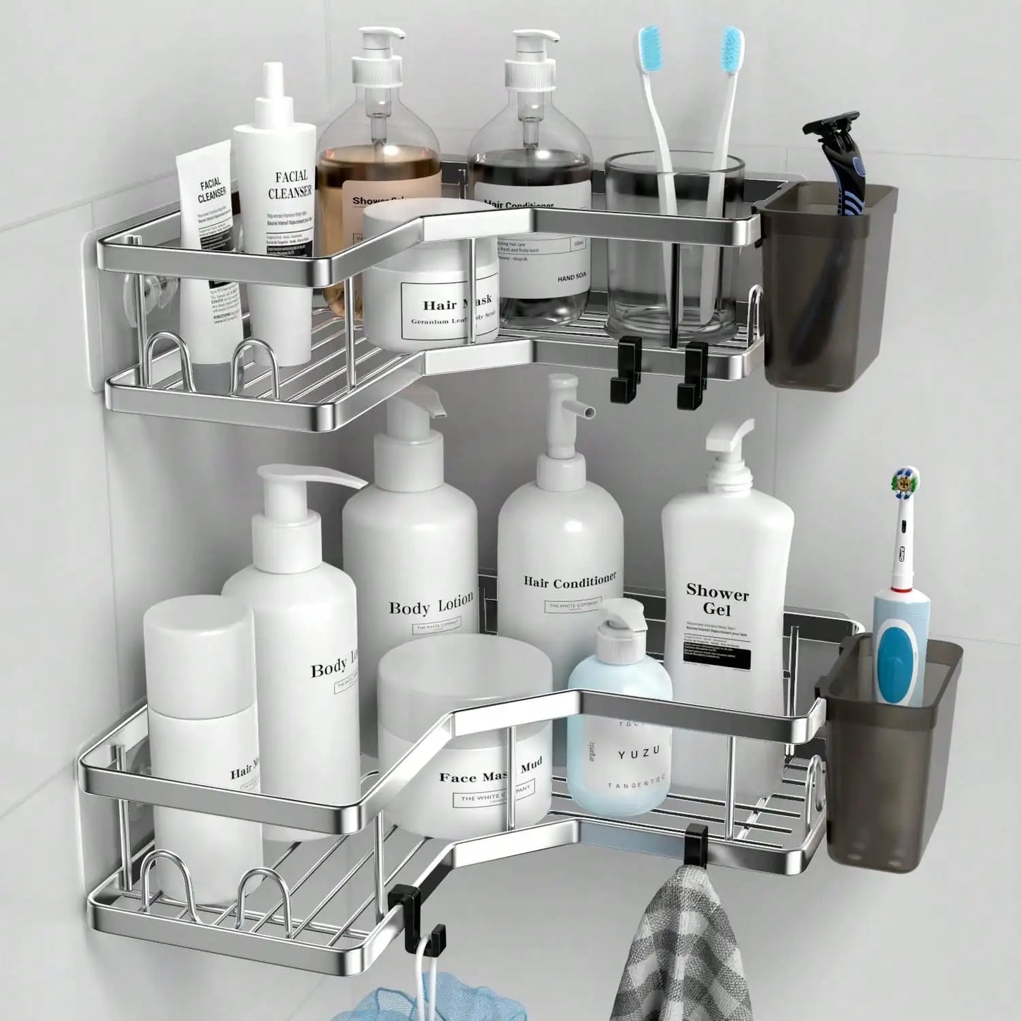 Corner Shower Caddy Adhesive, 2 Packs Shower Organizer With 2 PackSoap Holder And 12 Hooks, Rustproof Corner Shower Shelves, No Drilling Shower Shelf For Inside Shower Back To School