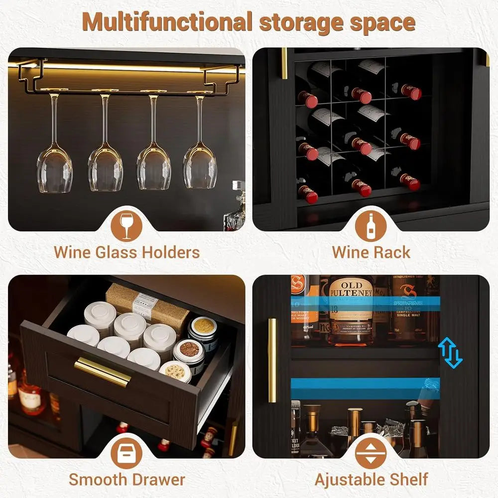 Wine Bar Cabinet with LED Light, Liquor Cabinet with Wine Rack and Glass Holder, Coee Bar Cabiwith Der, Buet Sideboard Table wit
