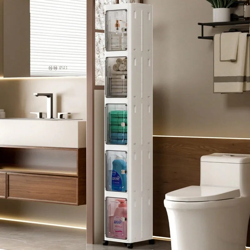 5-Tiers Slim Bathroom Storage Cabinet, Foldable Storage Cabinets,Narrow Bathroom Storage,Movable Bathroom Storage Organizer for Small Spaces,Bathroom,Kitchen,Laundry,White