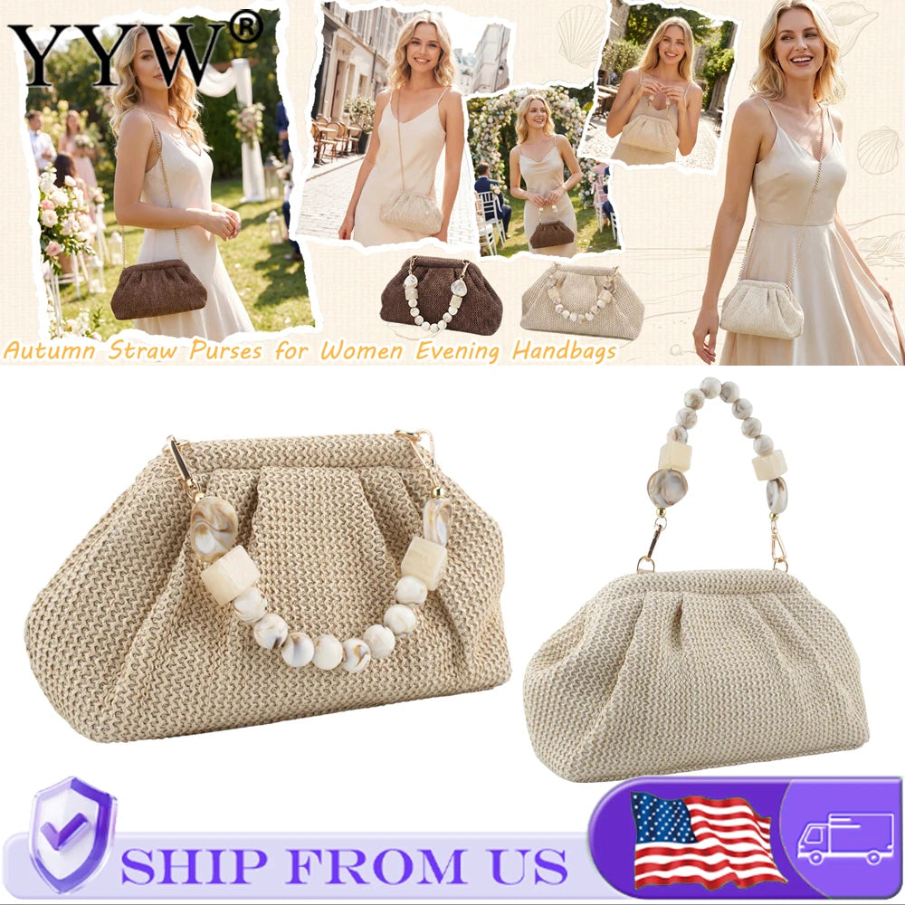 Women Straw Woven Bag With Chain Strap Clutch Purse