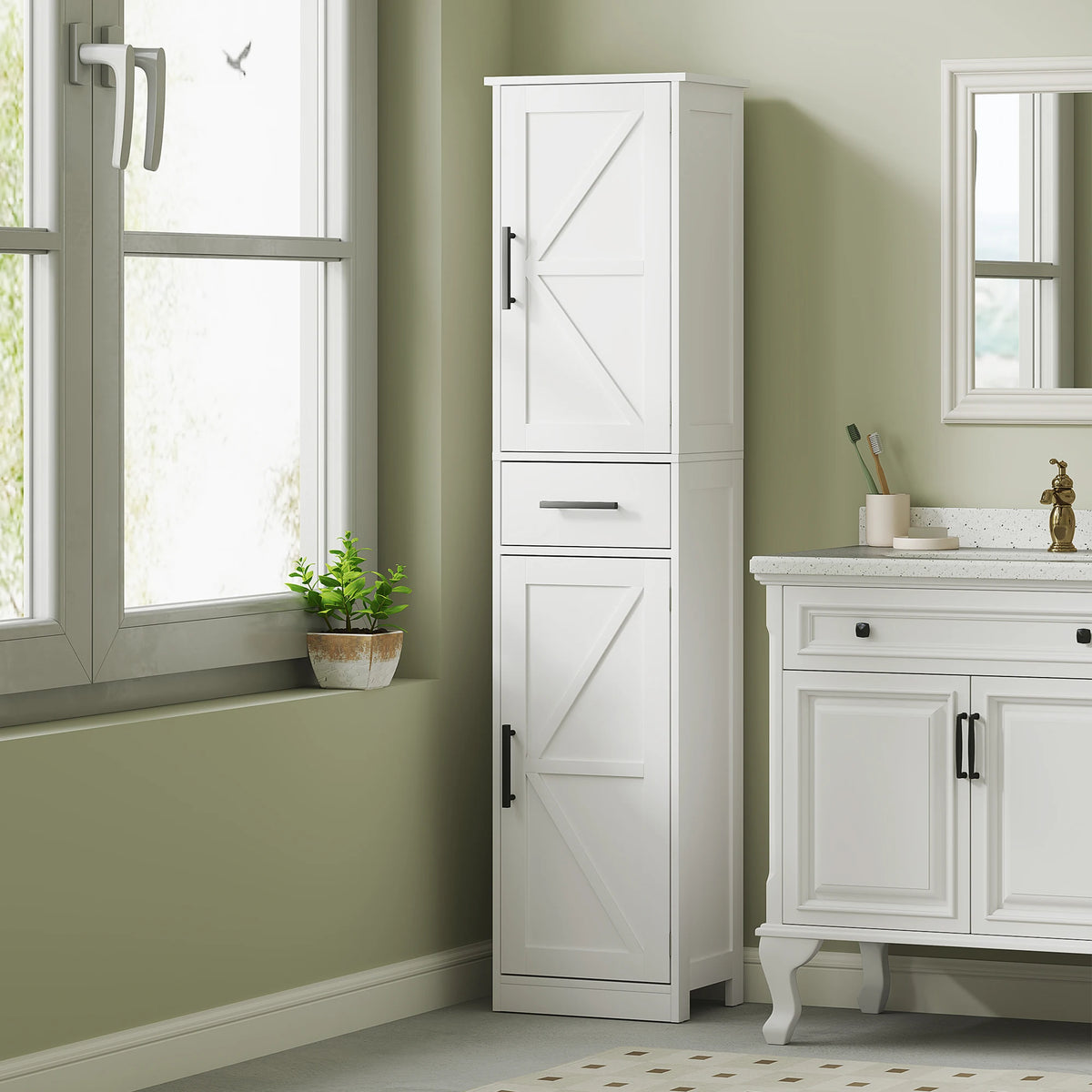 Homcom 67" Tall Bathroom Storage Cabinet with Drawer, Farmhouse Narrow Bathroom Cabinet with Barn Doors, White
