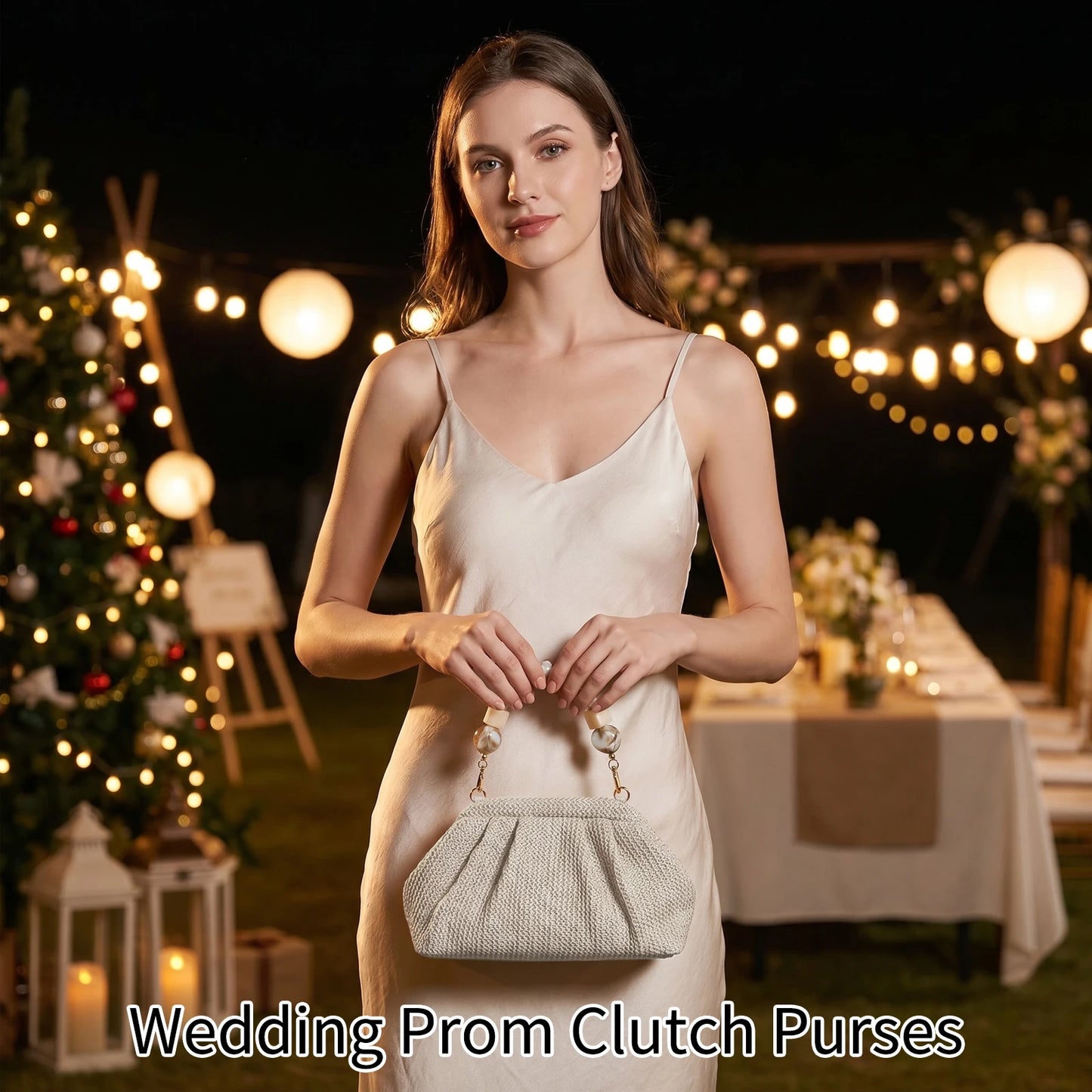 Women Straw Woven Bag With Chain Strap Clutch Purse