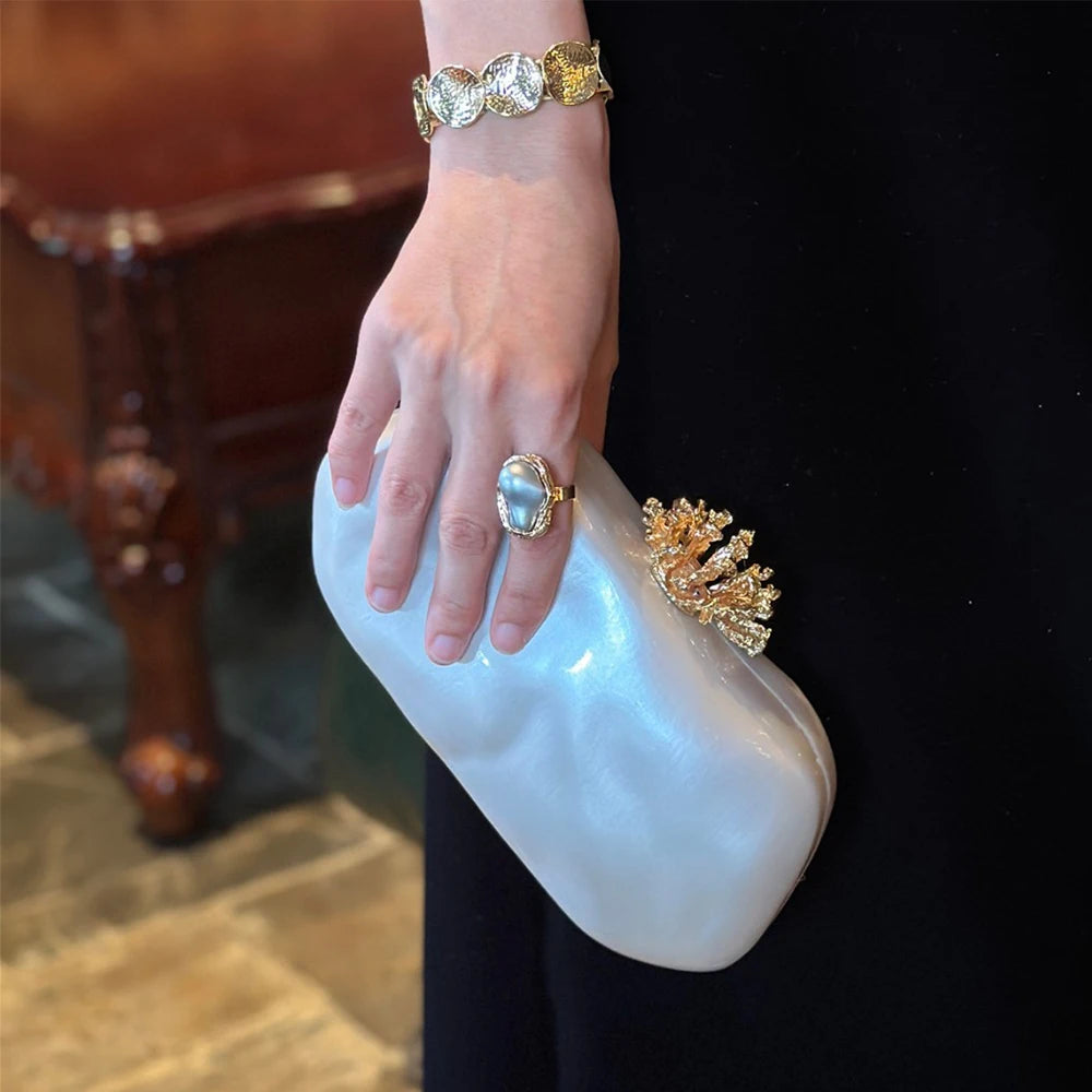 Acrylic Alloy Flower Shell Shoulder Bag For Women Evening Clutch