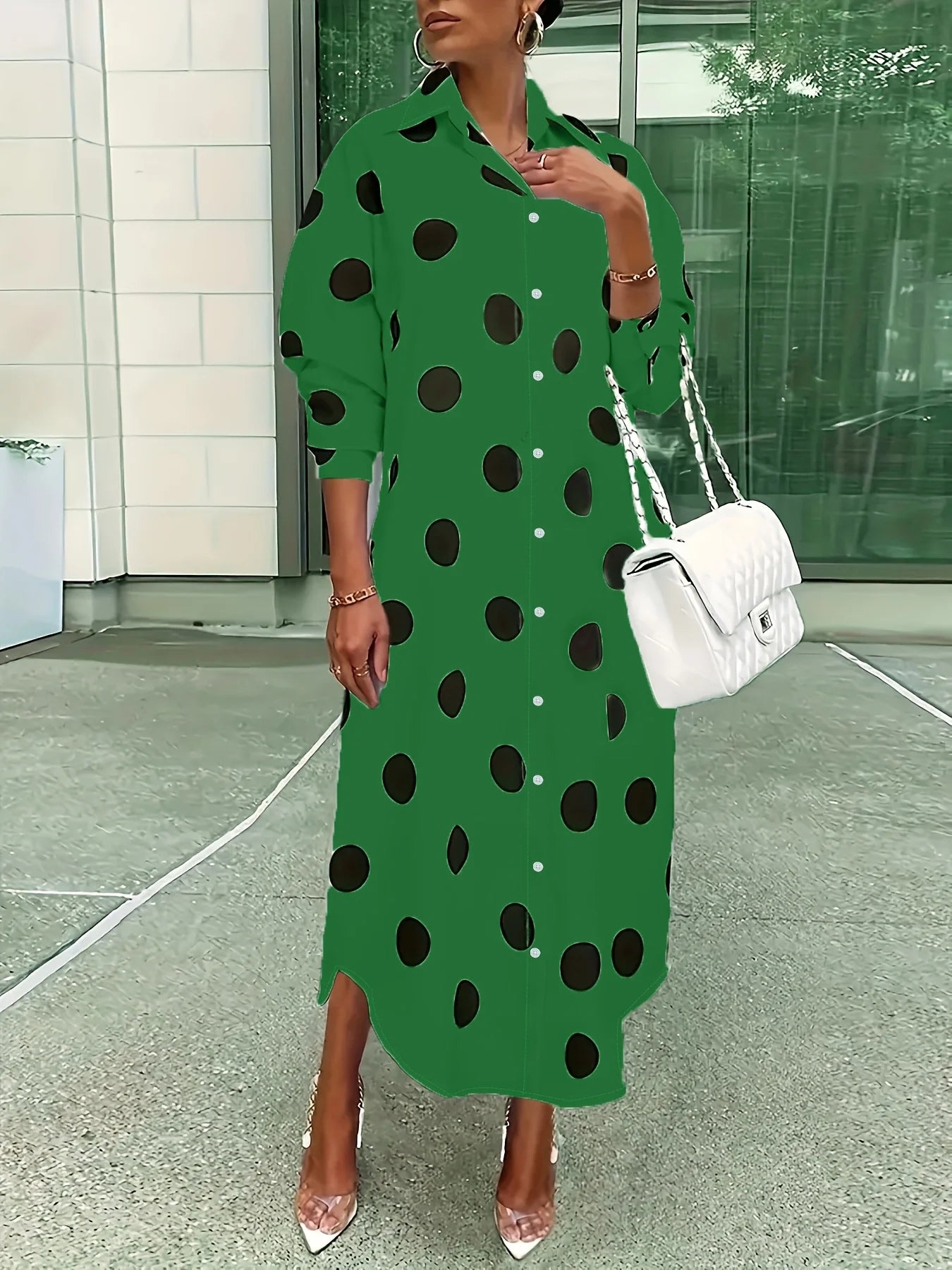 Elegant Plus Size Polka Dot Lapel Shirt Dress