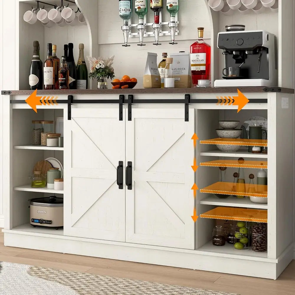 armhouse Coee Bar Cabinet with LED Light, Charging Station & Sliding Barn Do- 63"W x 71"H Large Wine Rack, Built-in Liquor Dispe