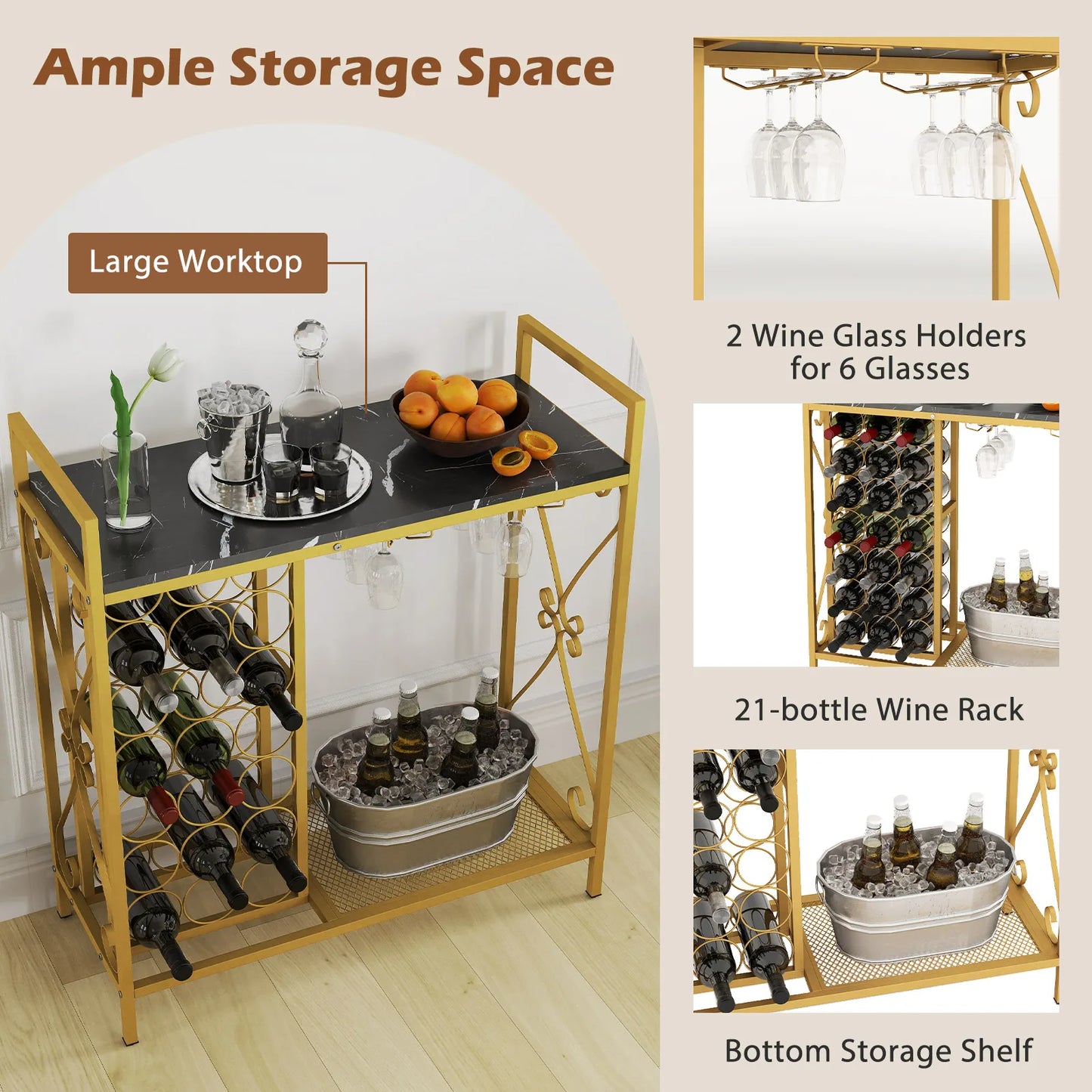 21 Bottle Wine Rack Freestanding Floor Wine Bottle Organizer with Storage Shelf