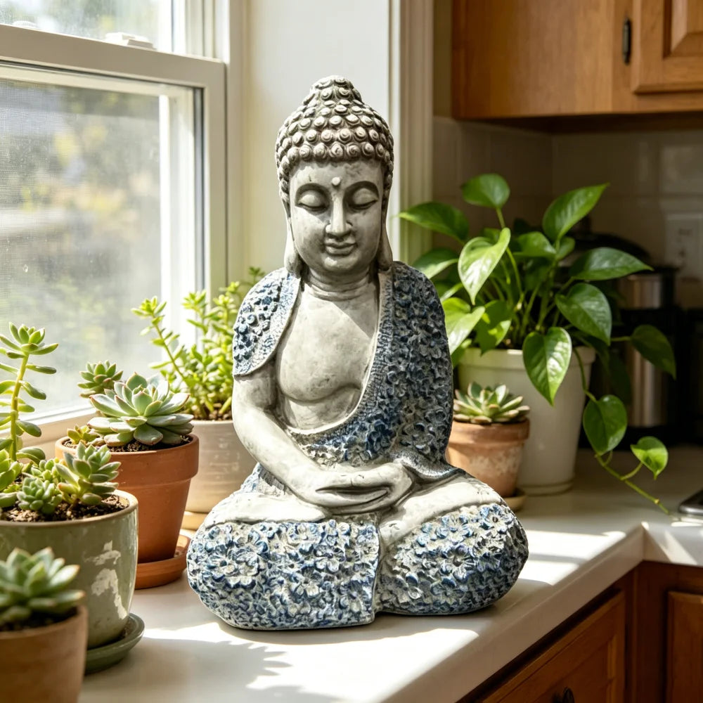 Weatherproof Resin Meditating Buddha Statue With Floral Details Outdoor