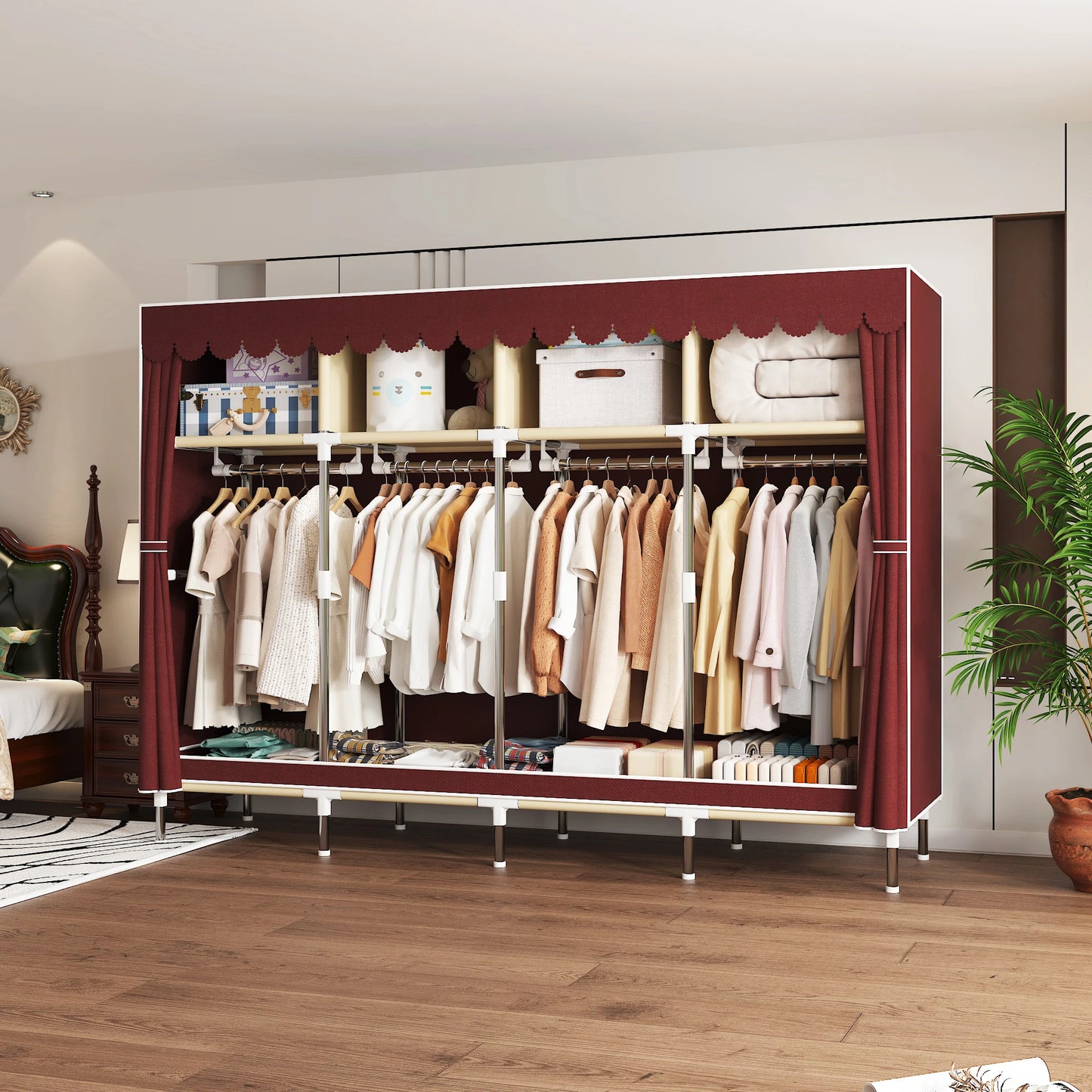 Heavy Duty Fabric Wardrobe 78.7x17.7x66.9in - 4 Hanging Rods & 4 Storage Spaces, 16mm Metal Frame with Thick Dust Cover