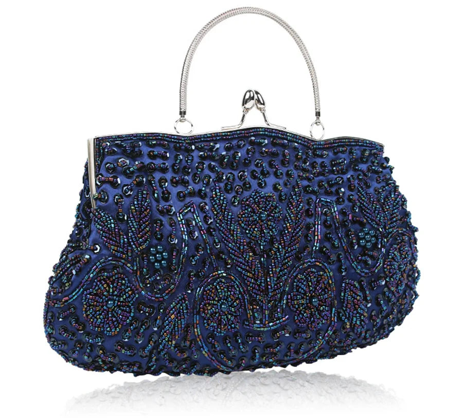 Womens Beaded Embroidered Clutch Bag With Shoulder Chain Party Purse