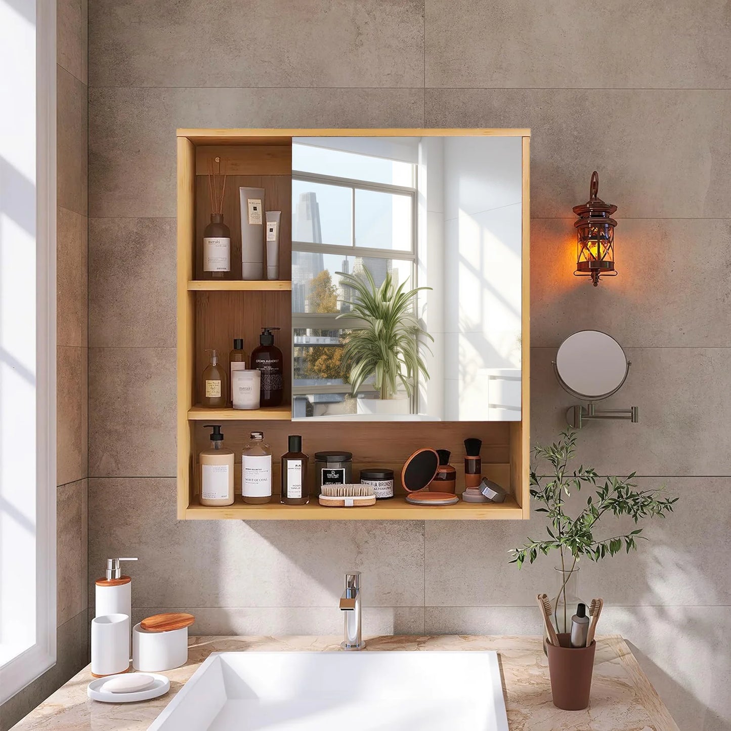Bathroom Cabinet with Mirror Wall Bamboo Medicine Storage Shelves