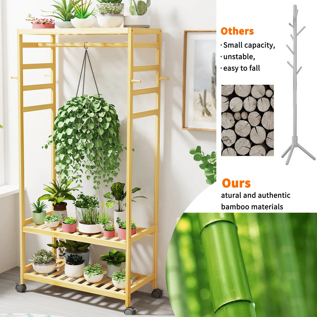 Heavy Duty Wooden Clothes Rail Rack Scarf Cap Garment Hanging Stand Side Hooks Corner Open Wardrobe