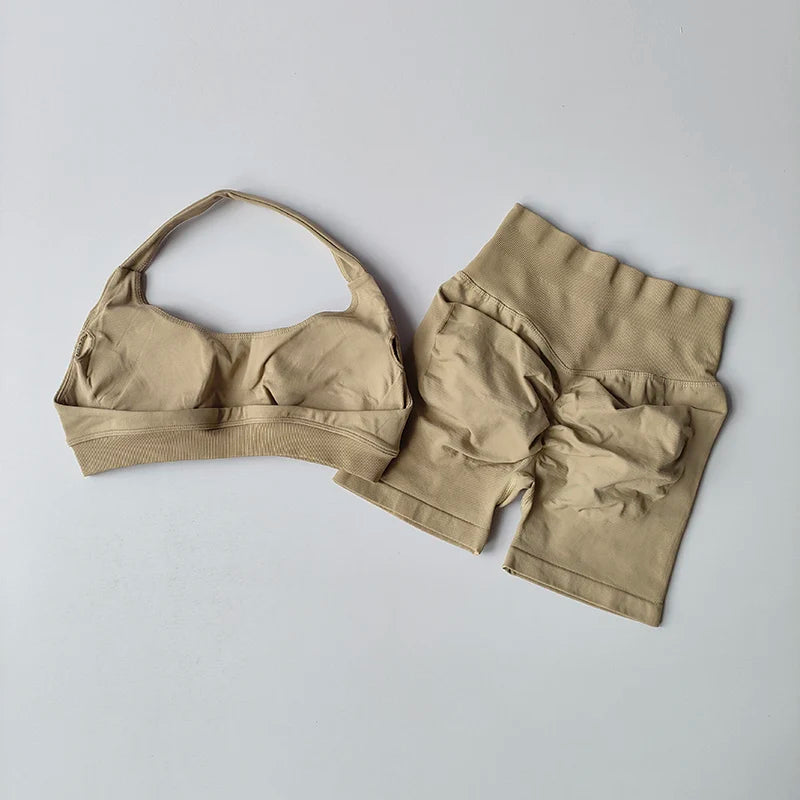 Halter Neck Sports Bra Shorts Set For Yoga Pilates