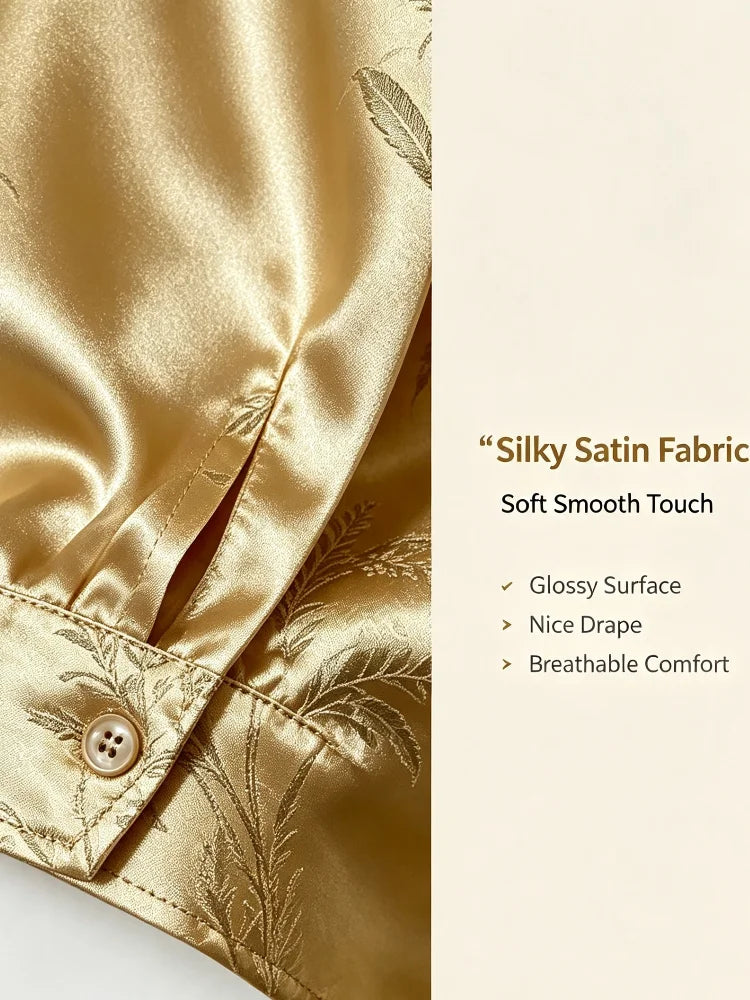 Women Gold Satin Leaf Collar Button Down Shirt