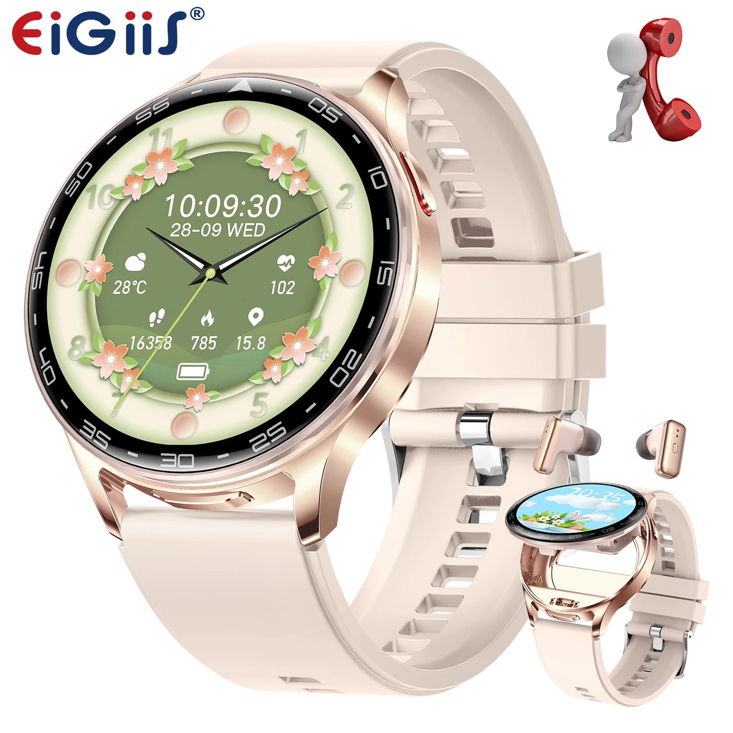 EIGIIS 2in1 Smart Watch With Hidden Earbuds IPS HD Screen