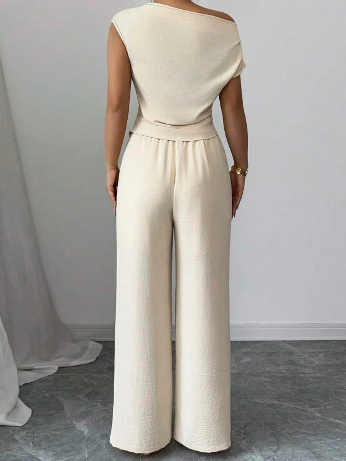 Elegant Pure Color Asymmetric Top And Wide Leg Pants 2 Piece Set