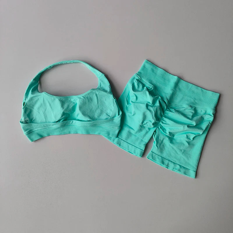 Halter Neck Sports Bra Shorts Set For Yoga Pilates