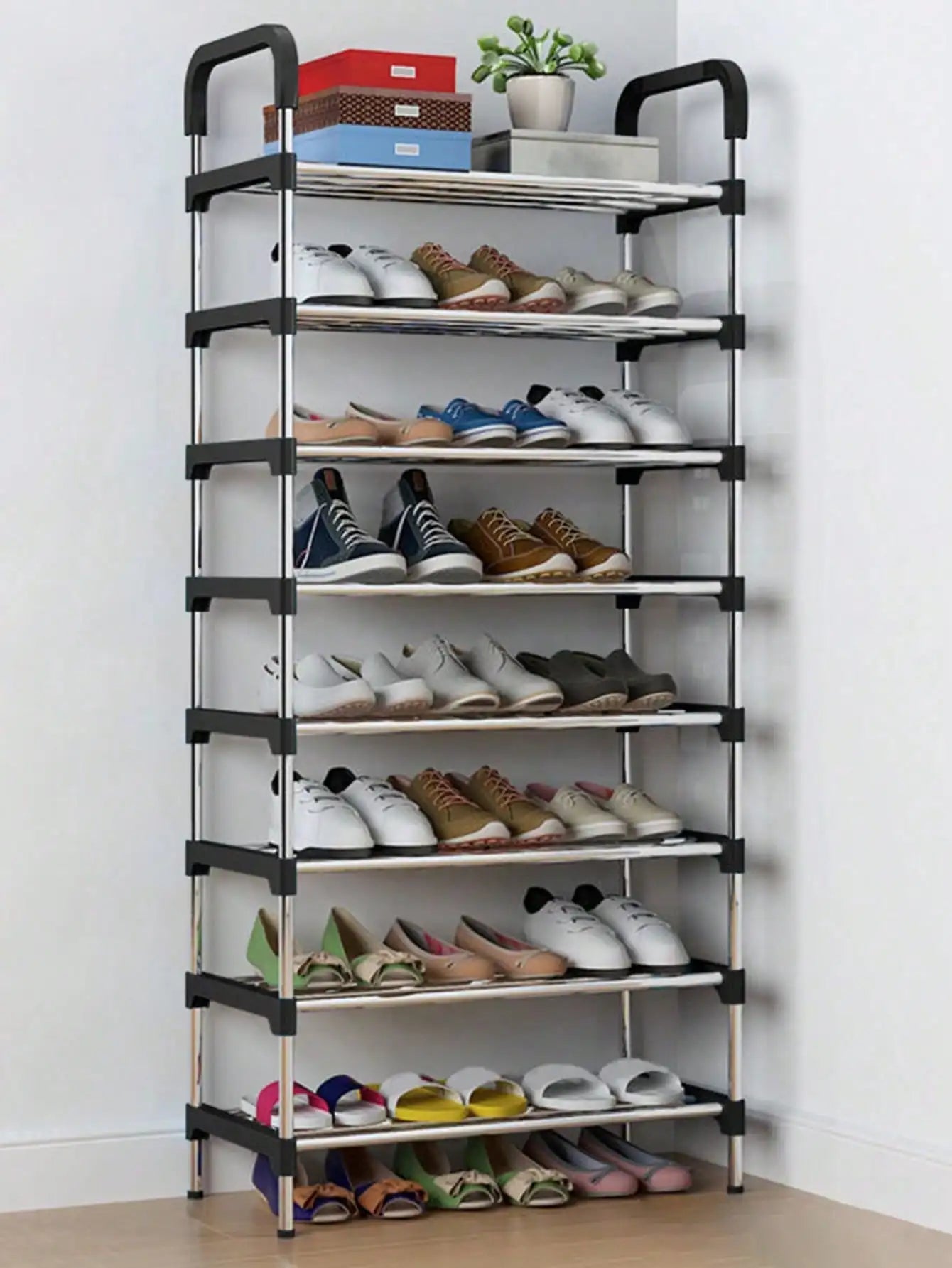 Adjustable Stainless Steel Shoe Rack, 7/8-Tier Large Capacity Shoe Organizer, Space Saving Multi-Layer Storage Rack for Entryway, Bedroom & Closet