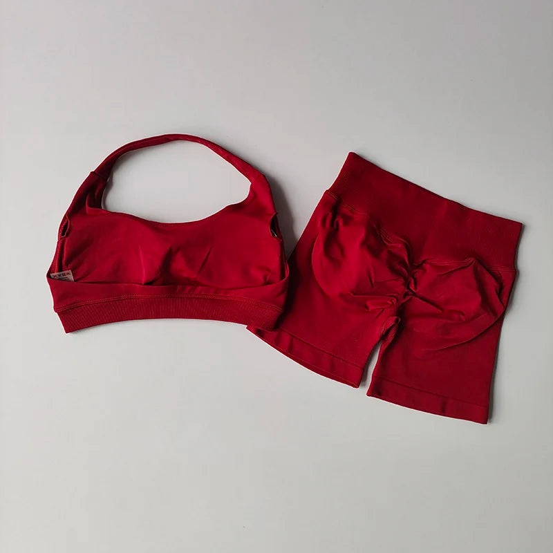 Halter Neck Sports Bra Shorts Set For Yoga Pilates