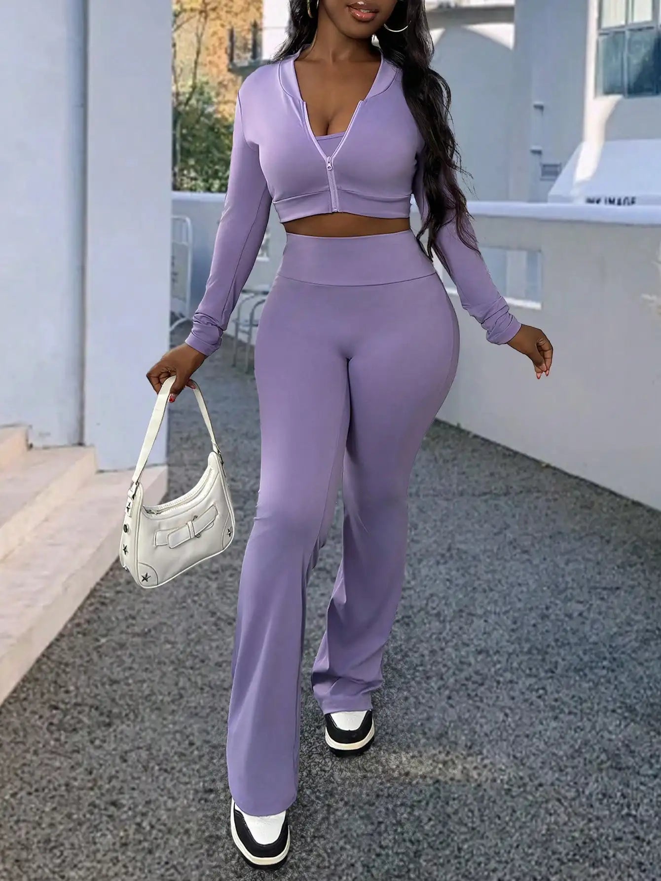 3 Piece Women's Sports Top And Flared Pants Set Bundle