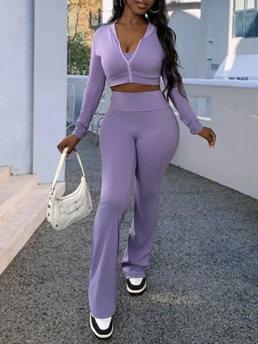3 Piece Women's Sports Top And Flared Pants Set Bundle