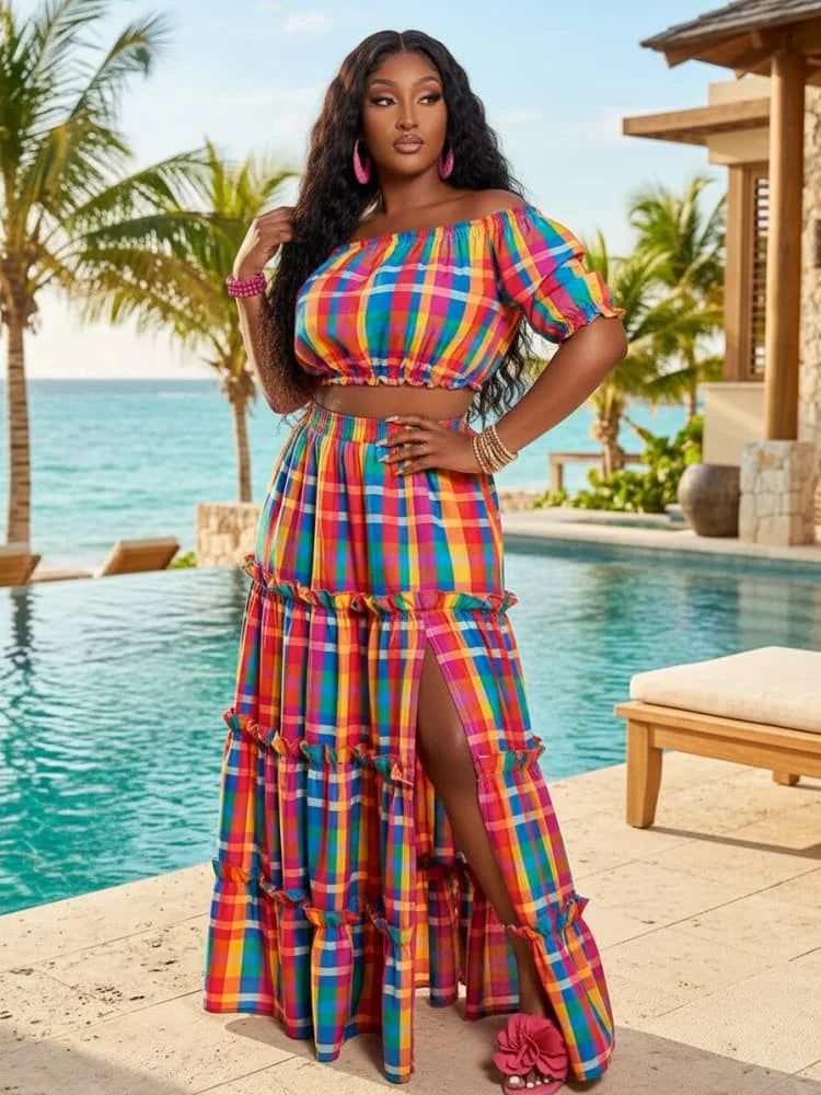 Plus Size Off Shoulder Short Crop Top + Tiered Maxi Skirt Suit For Women Daily Vacation Street Casual Matching Outfit