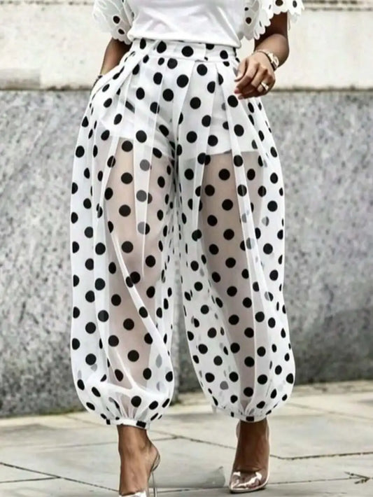 XTOCEAN Summer Women Black White Polka Dot Sheer Mesh Cuffed Ankle Pants Built-In Lined Loose Vacation Street Casual Trousers