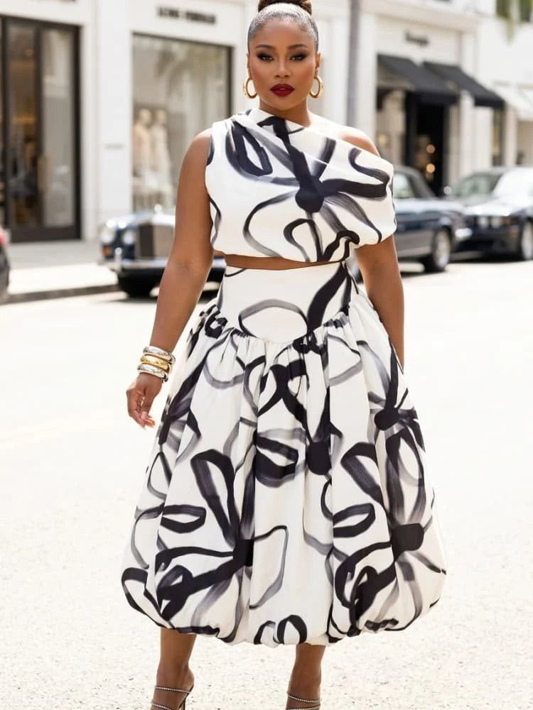 Women Asymmetrical Sleeveless Crop Top And Bubble Midi Skirt Set