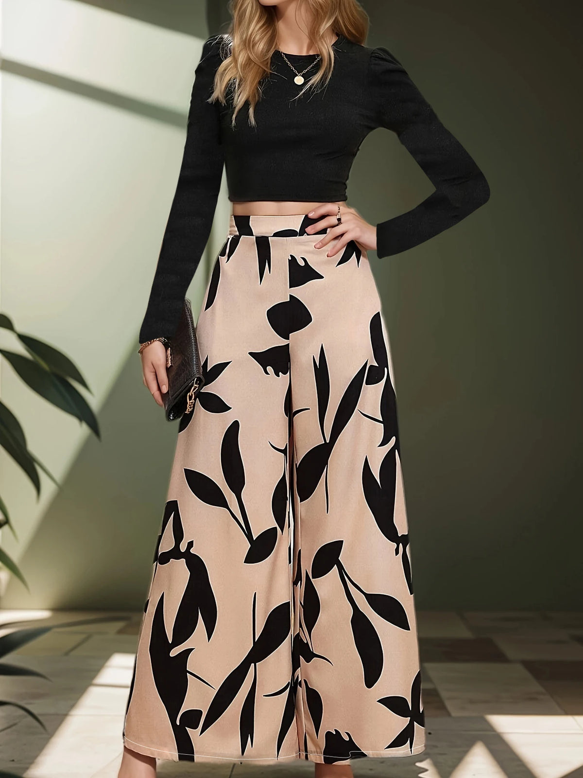 Elegant Women Wide Leg Floral Casual Pants