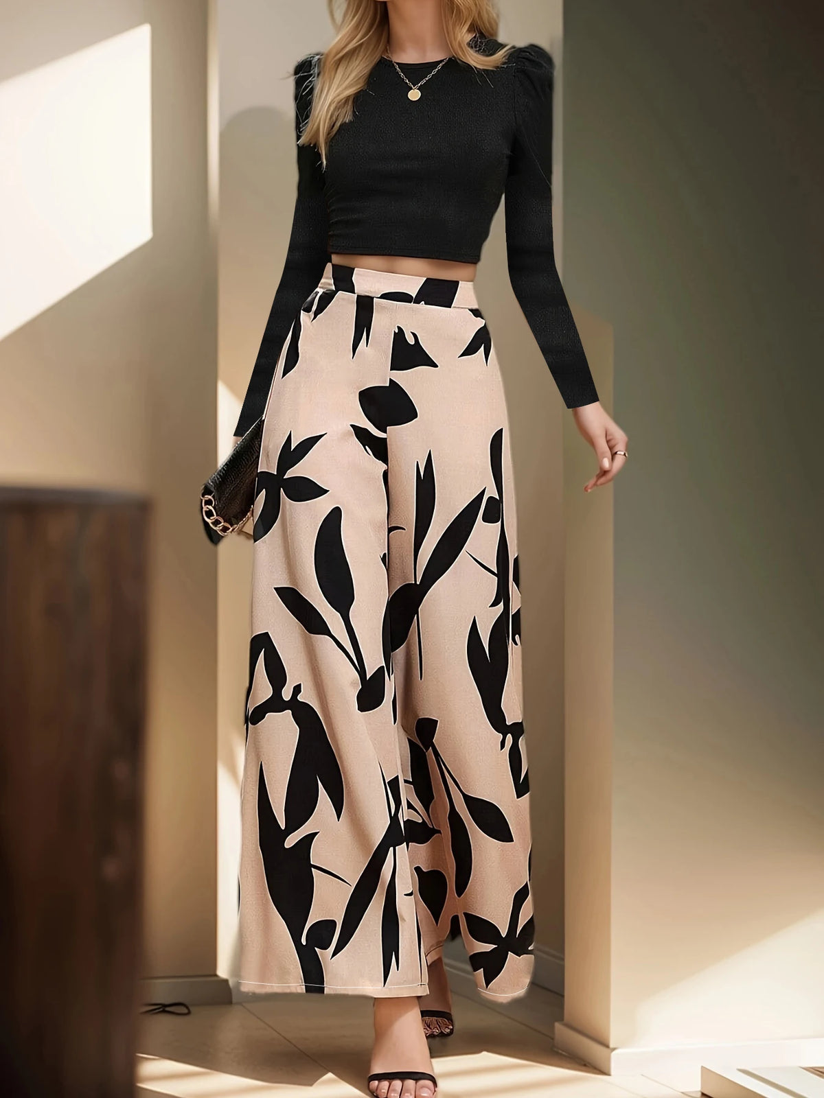 Elegant Women Wide Leg Floral Casual Pants