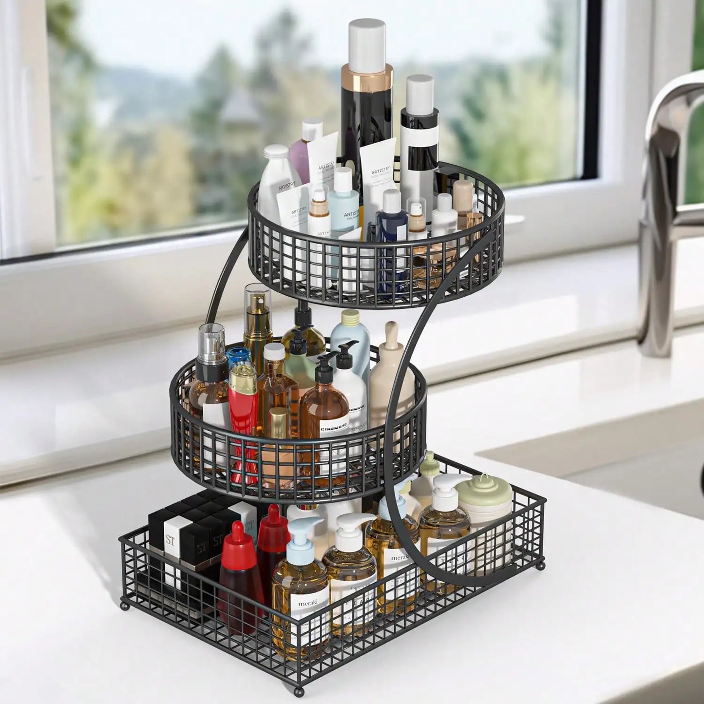 3-Tier Circular Metal Storage Rack, No Assembly Required Polished Cosmetics Organizer, Multi-Purpose Skincare Display Stand for Vanity Bathroom Kitchen Countertop