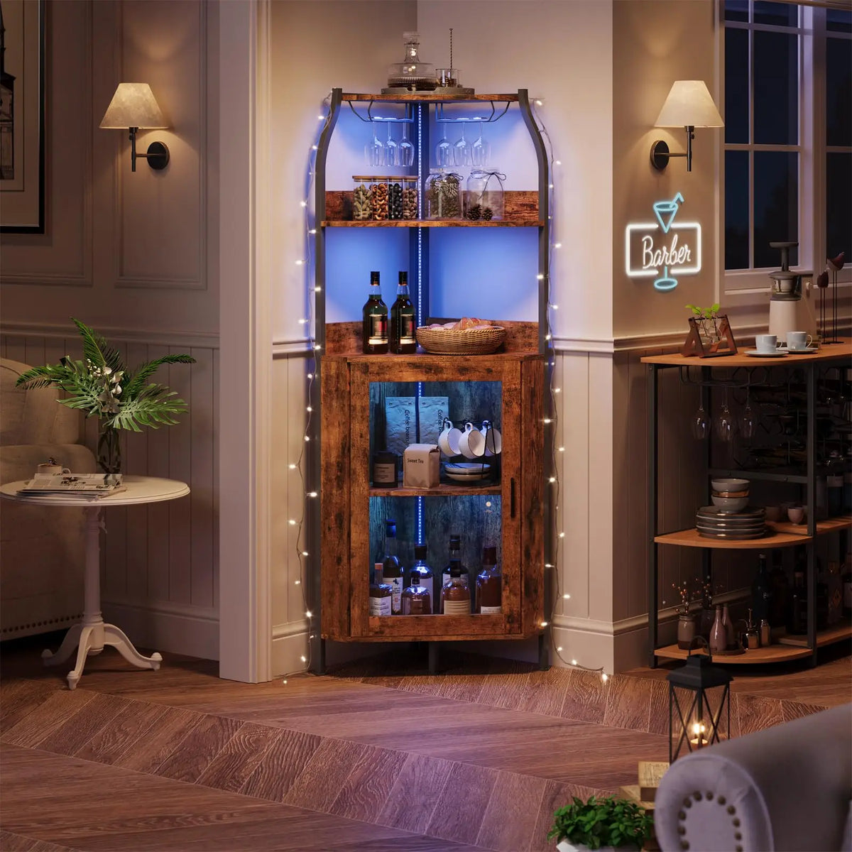 Corner Bar Cabinet With Power Outlet And LED Lights, 5 Tier Industrial Wine Rack, Glass Holder Liquor Storage Display For Small Spaces