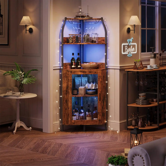 Corner Bar Cabinet With Power Outlet And LED Lights, 5 Tier Industrial Wine Rack, Glass Holder Liquor Storage Display For Small Spaces