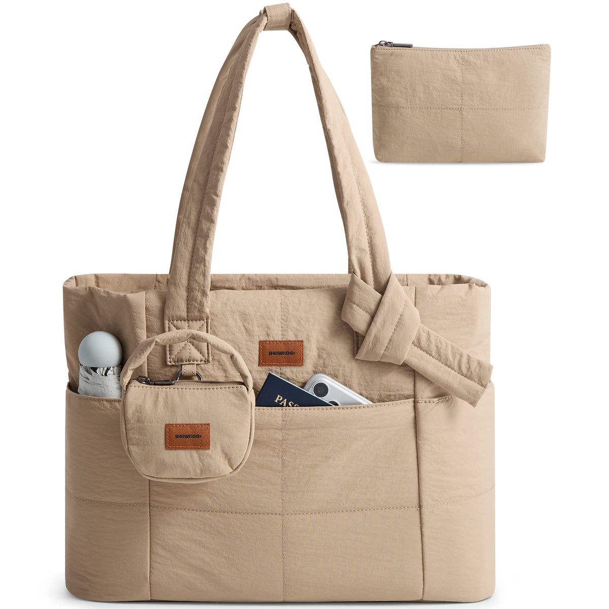 SHOWKOO Puffer Tote Bag for Women, Lightweight Quilted Tote Handbag with Mini Pouch, Nurse Bag for Travel College & Daily Use