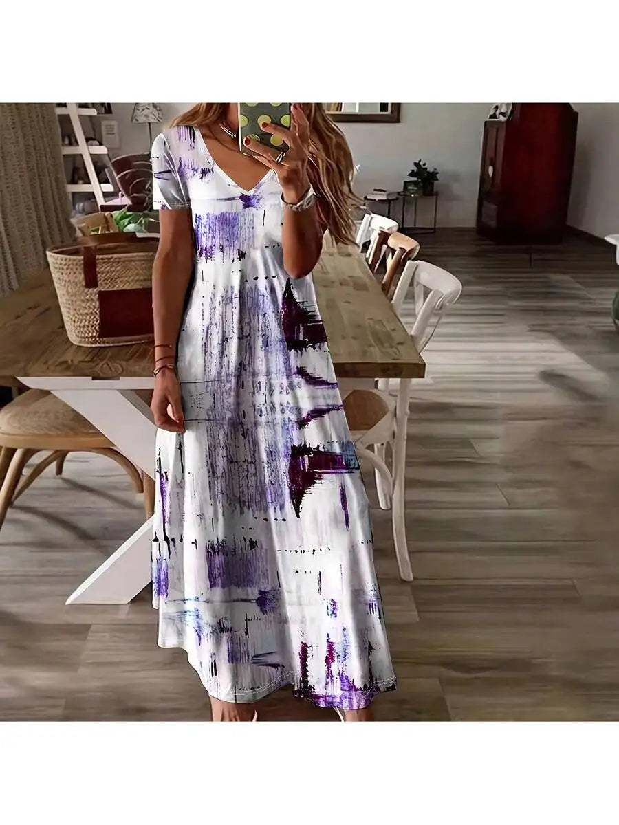 Women Elegant Loose Fit Printed Knit V Neck Casual Dress