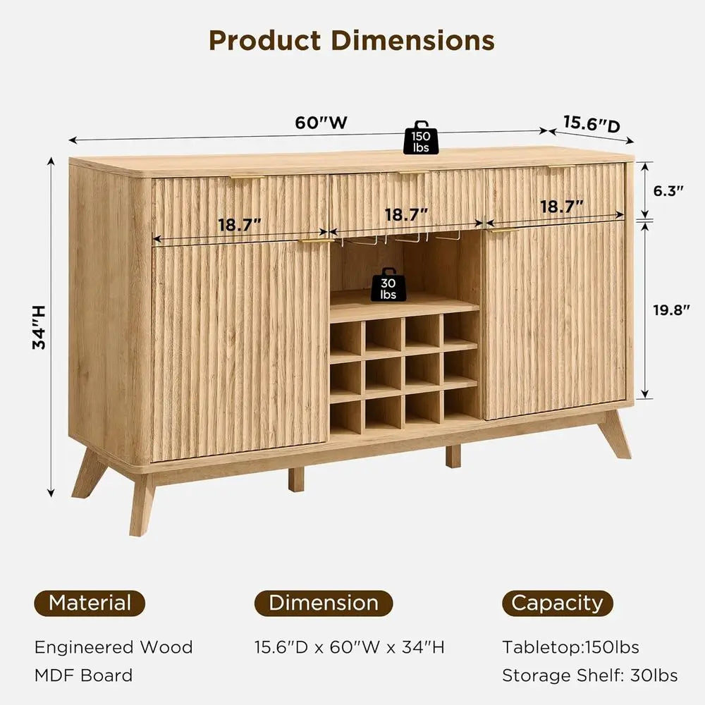 luted Wine Bar Cabinet, 60" Wide ern Buet Sideboard with Ample Storage - 2 Side Cabi, 3 Ders, 4 Glass Holders & 12 Wine Racks, C