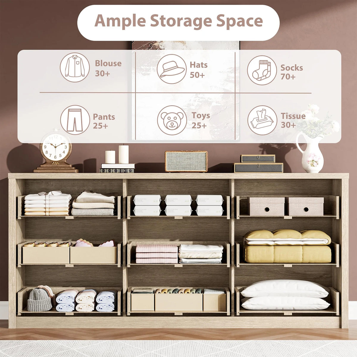 9 Drawer Dresser For Bedroom, Modern Handleless Wood Chest Of Drawers, Large Storage Cabinet For Living Room, Hallway and Entryway