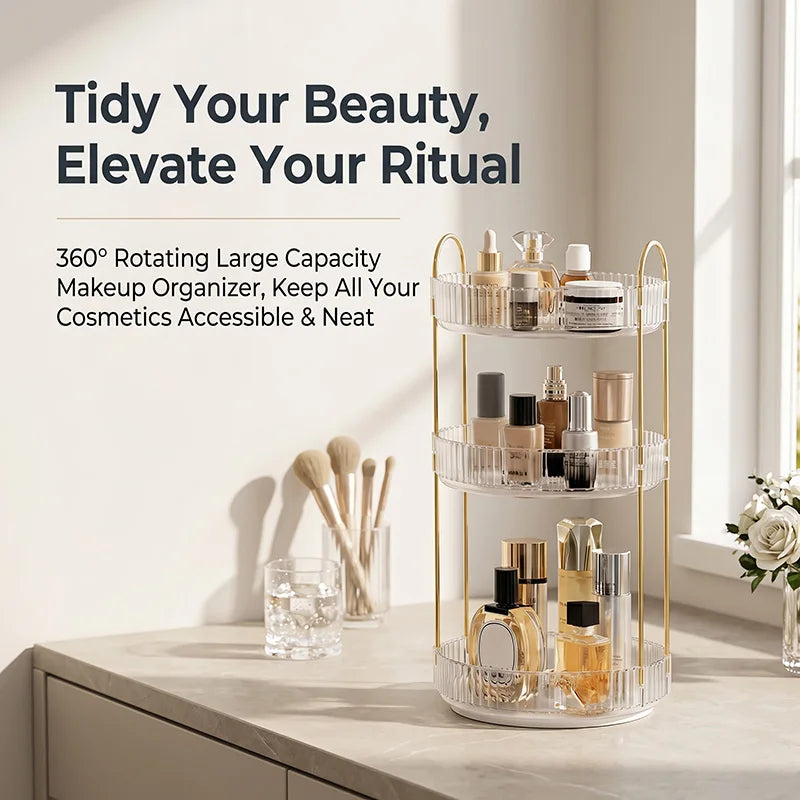360 Rotating Makeup Organizer,3-2 Tier Large Capacity Make Up Organizers and Storage,Skincare Perfume Vanity Organizers,Bathroom Cosmetics Storage Organizer Countertop(Clear)