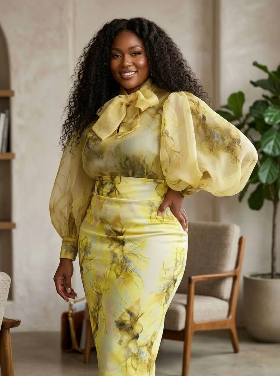 Women Long Sleeve Printed Bodycon Midi Skirt Two Piece Outfit