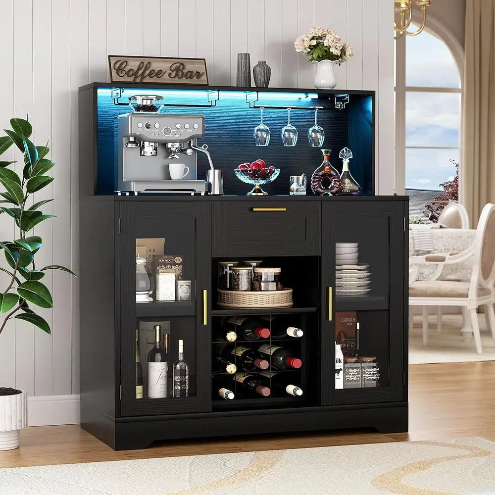 Wine Bar Cabinet with LED Light, Liquor Cabinet with Wine Rack and Glass Holder, Coee Bar Cabiwith Der, Buet Sideboard Table wit