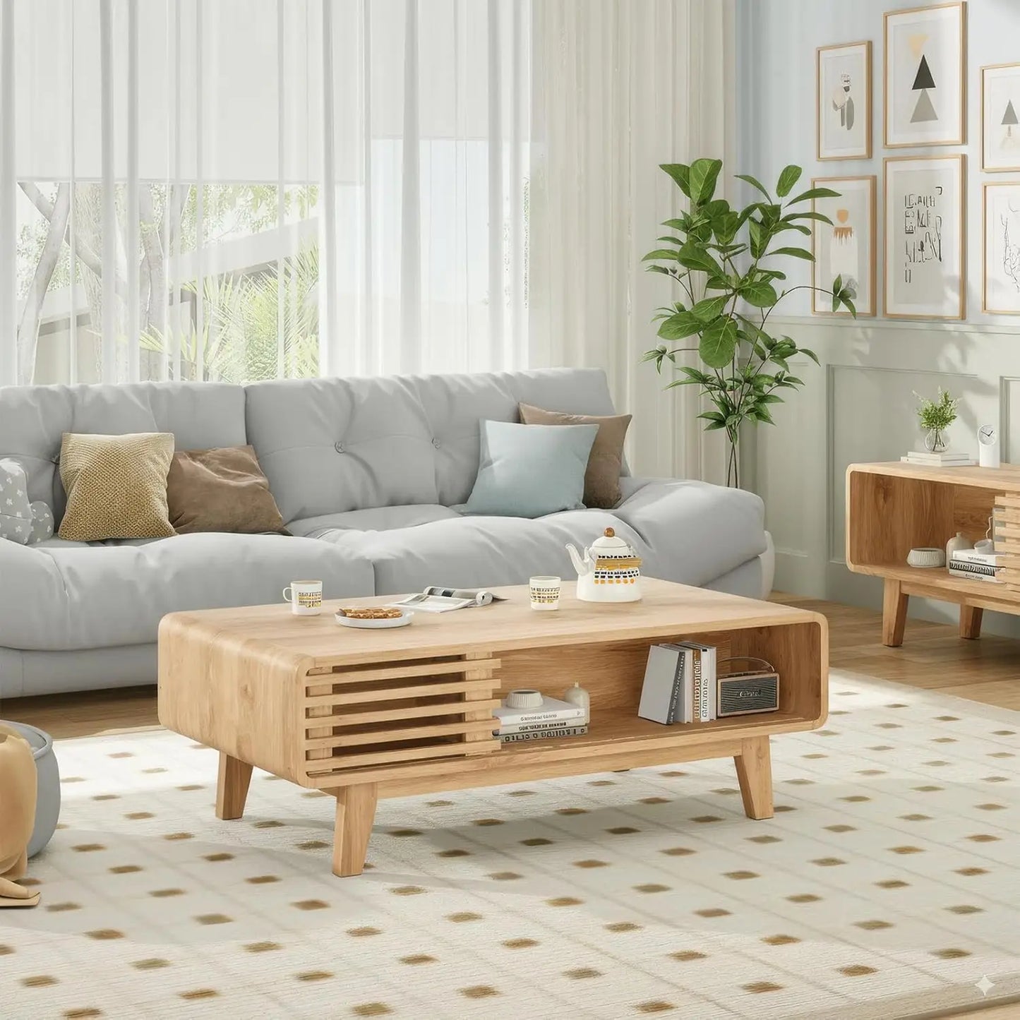 Mid Century Modern Farmhouse Coffee Table with Storage, Wood Table for Living Room, Farmhouse Style