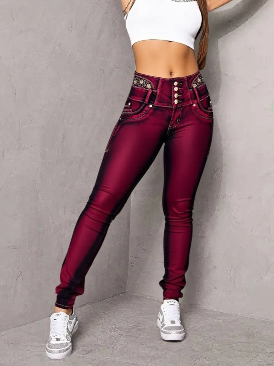 【HME】Jeans | High Waist Butt‑Lifting Denim Pants, Ladies Multi‑Button Skinny Denim Jeans With Waist Rhinestone Embroidery Detail, Curvy Slim Pants, Burgundy Washed Denim For Night‑out Casual Wear