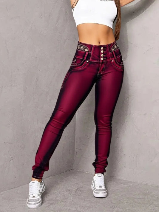【HME】Jeans | High Waist Butt‑Lifting Denim Pants, Ladies Multi‑Button Skinny Denim Jeans With Waist Rhinestone Embroidery Detail, Curvy Slim Pants, Burgundy Washed Denim For Night‑out Casual Wear